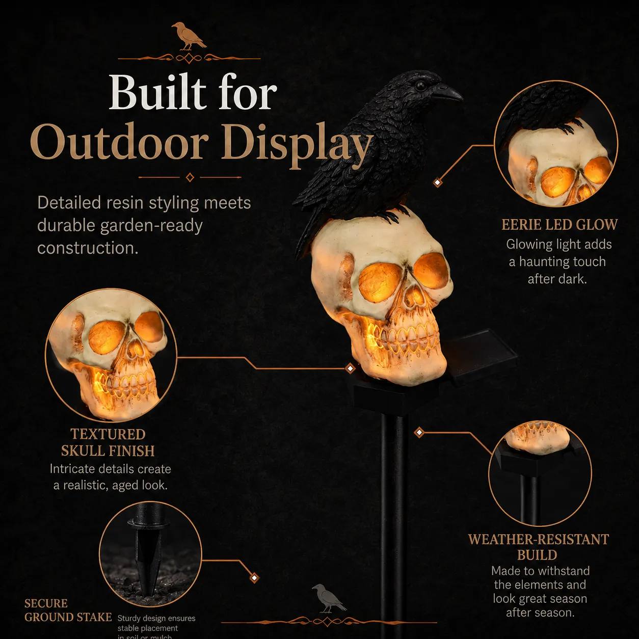 🐦‍⬛Solar powered animated raven skull garden spike💀 | Halloween garden decoration for outdoor use