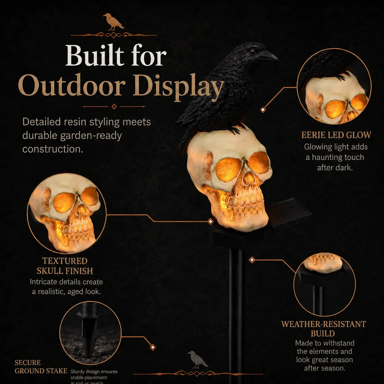 🐦‍⬛Solar powered animated raven skull garden spike💀 | Halloween garden decoration for outdoor use