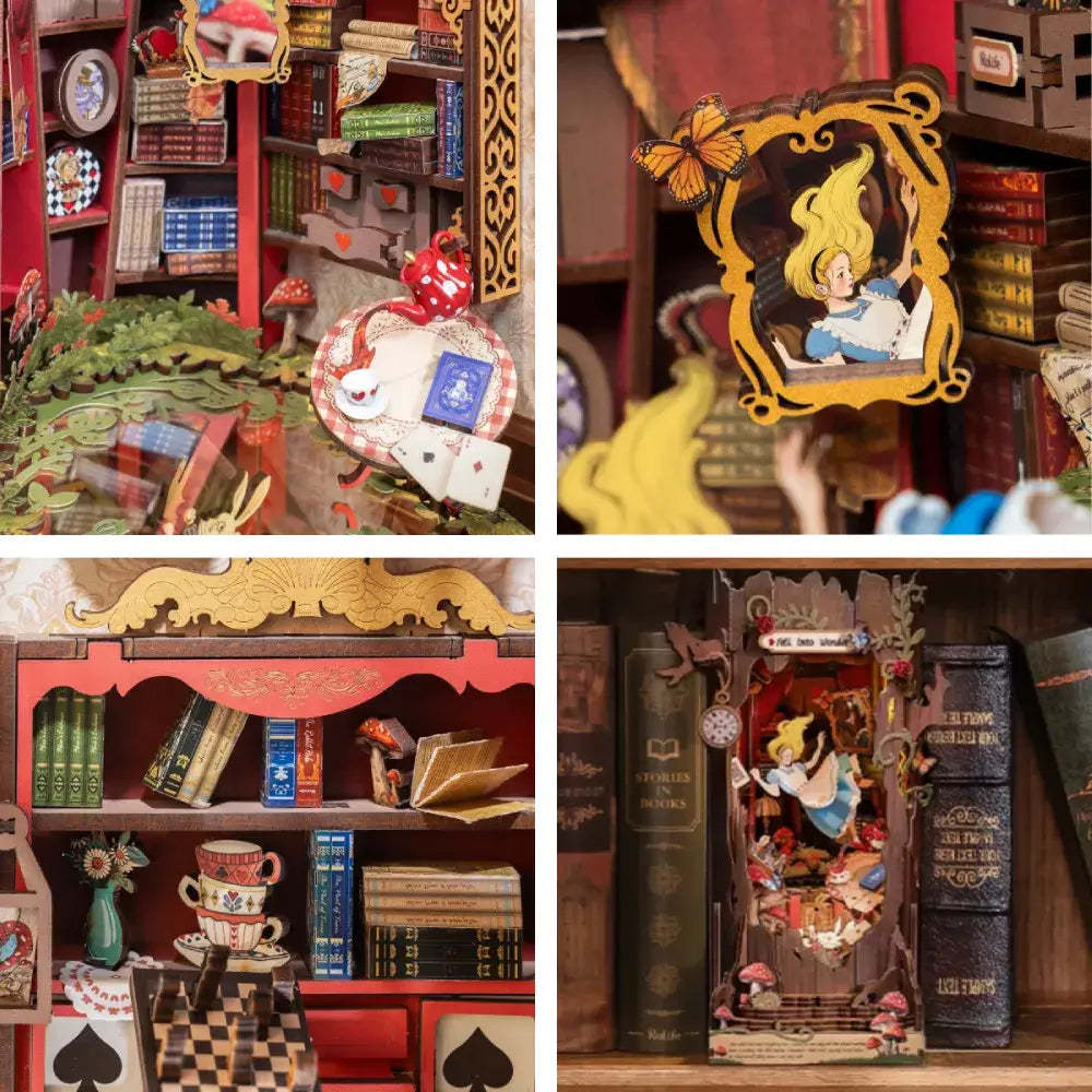 Alice in Wonderland book nook kit showing miniature details