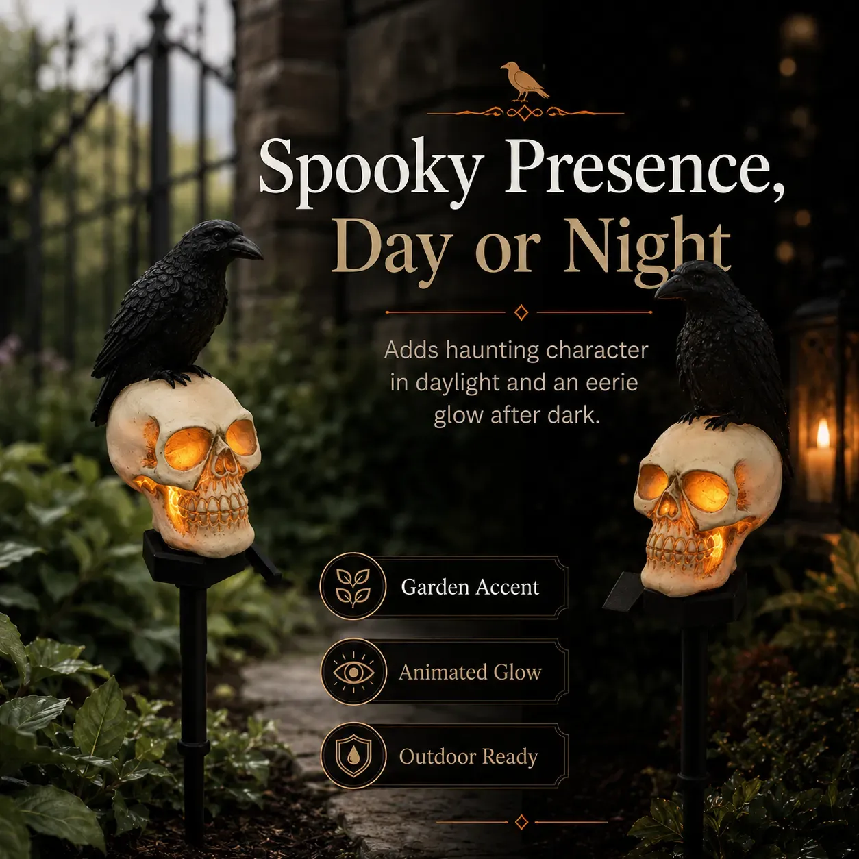 🐦‍⬛Solar powered animated raven skull garden spike💀 | Halloween garden decoration for outdoor use