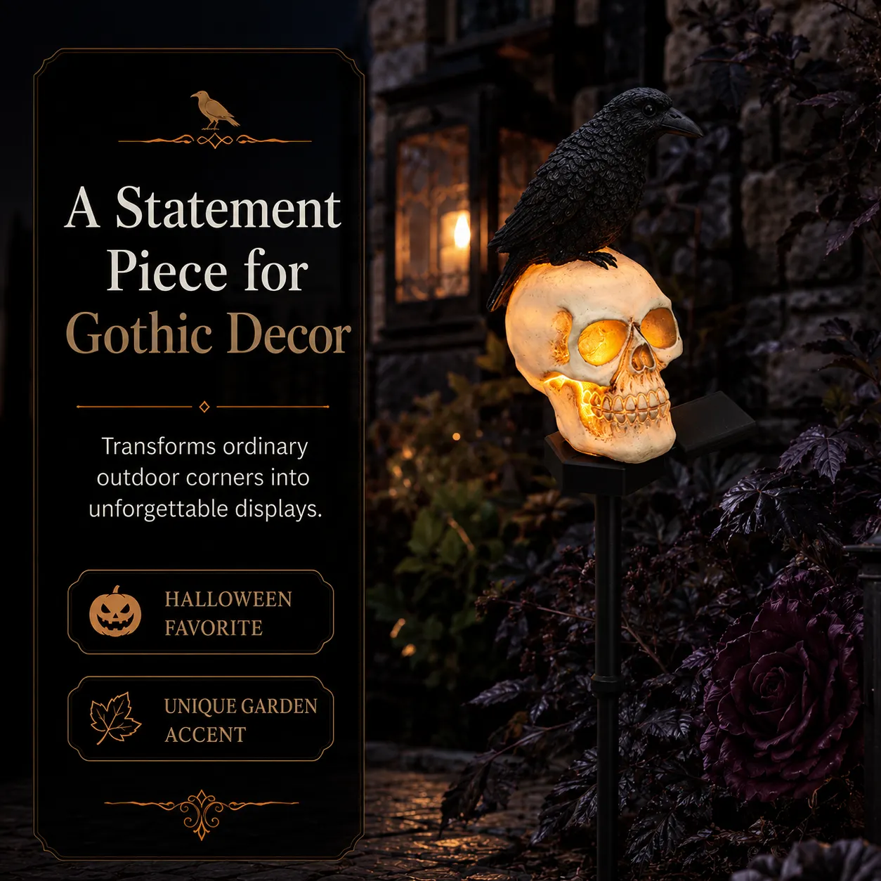 🐦‍⬛Solar powered animated raven skull garden spike💀 | Halloween garden decoration for outdoor use