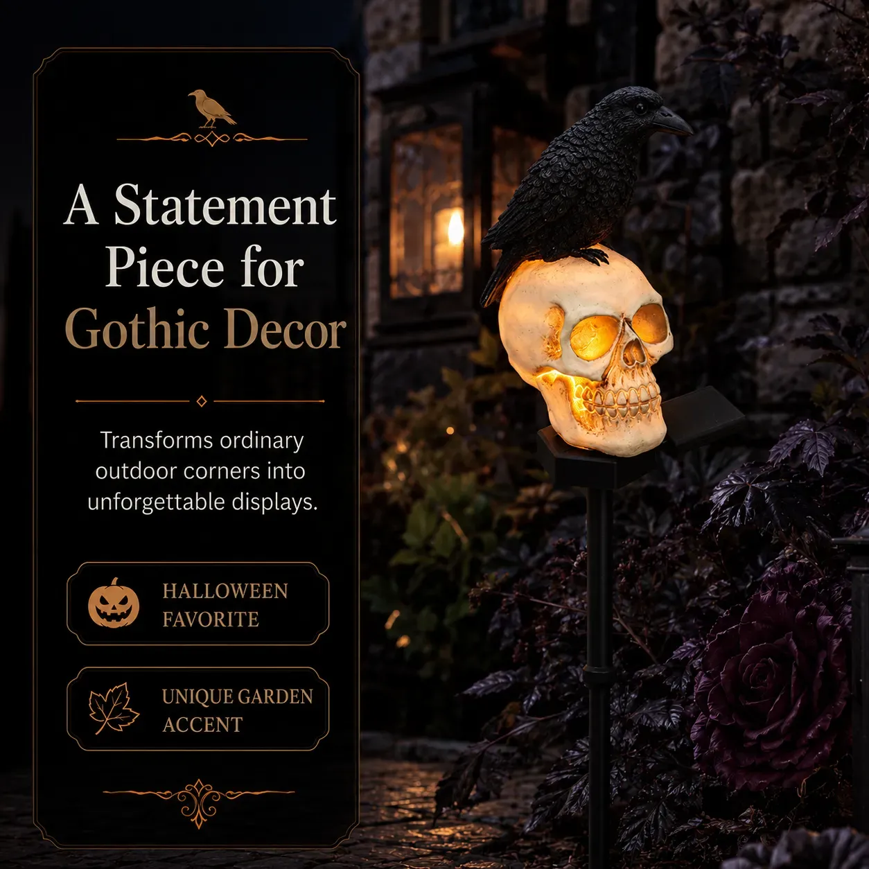 🐦‍⬛Solar powered animated raven skull garden spike💀 | Halloween garden decoration for outdoor use