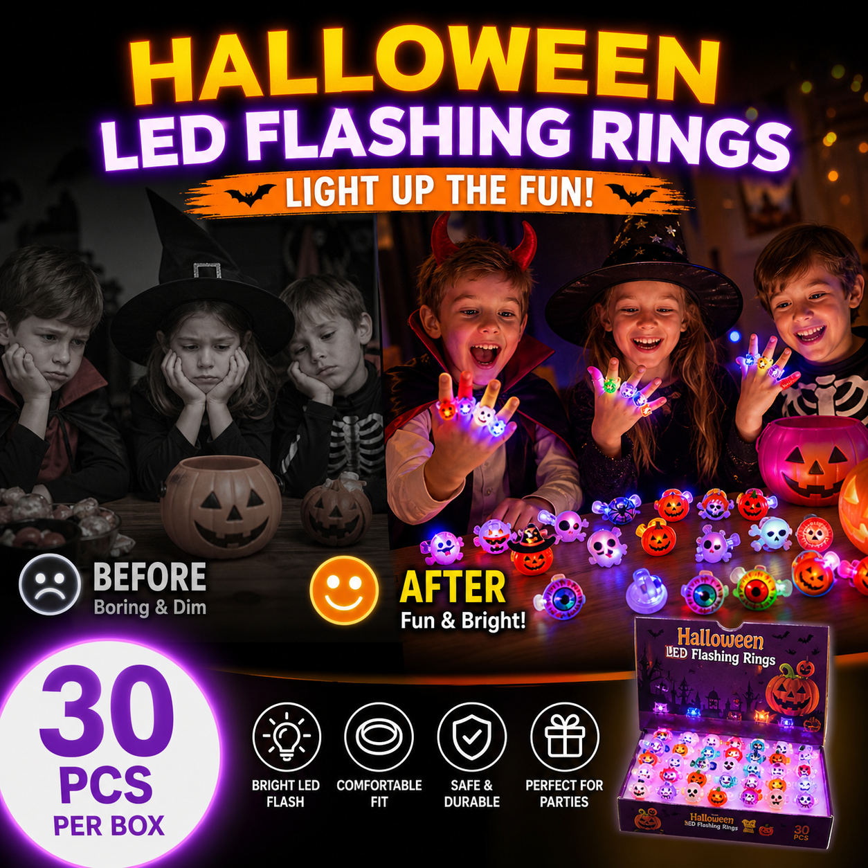💍✨50-Pack of Spooky LED Rings