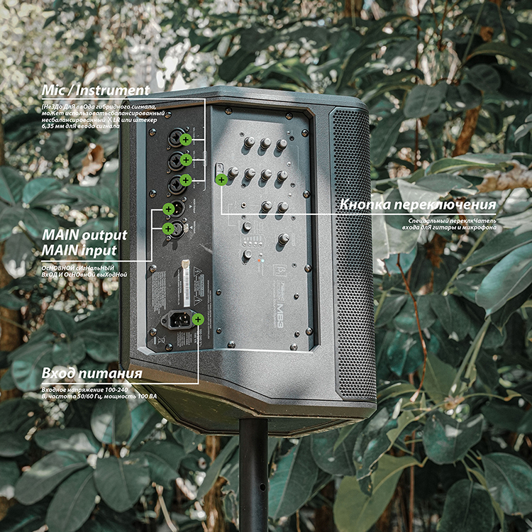 {"default":"Callout image showing MB3 speaker features and panel functions with labeled lines"}
