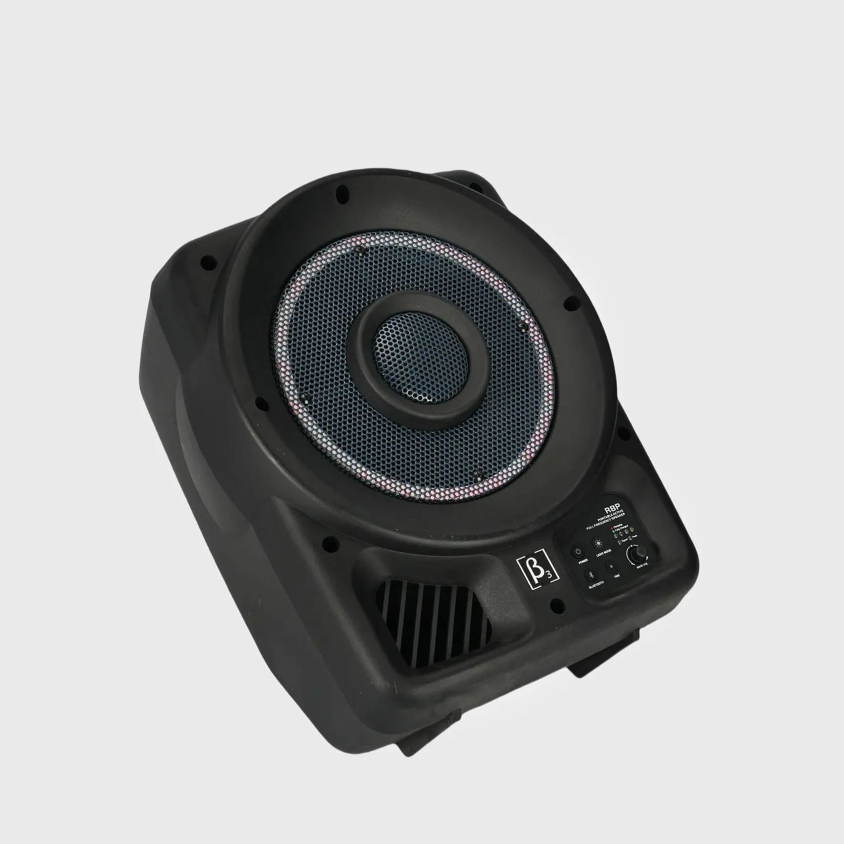 Betathree R8P portable speaker angled view

