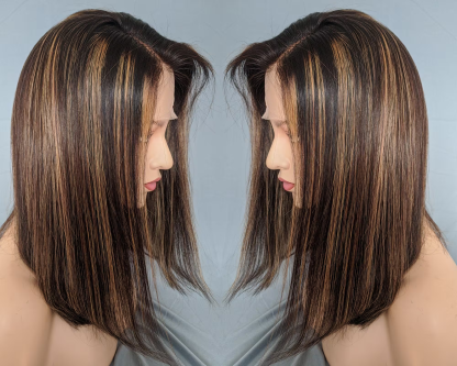 Human Hair Lace Front Wig Caramel Brown Blonde Highlights Short Hair Wigs 13*6 Lace front wigs or Silk top Wigs