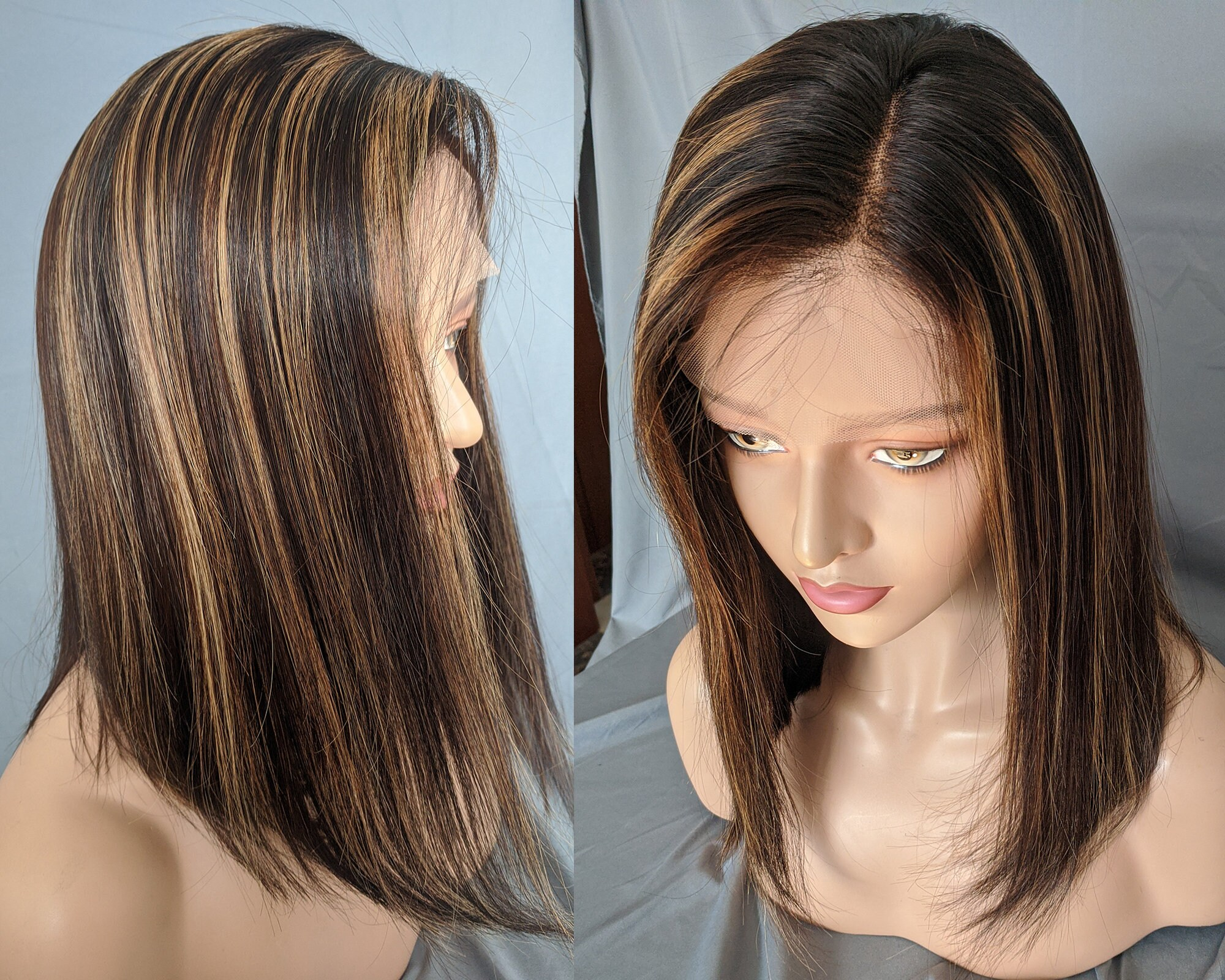 Human Hair Lace Front Wig Caramel Brown Blonde Highlights Short Hair Wigs 13*6 Lace front wigs or Silk top Wigs