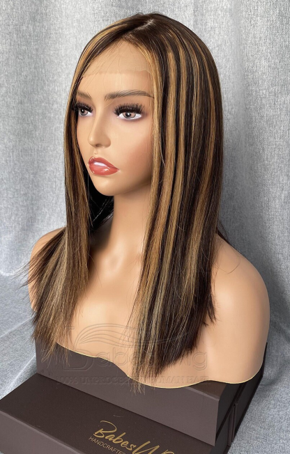 Human Hair Bob Cut Wigs Highlights C Part Silk Top Lace Front Wigs