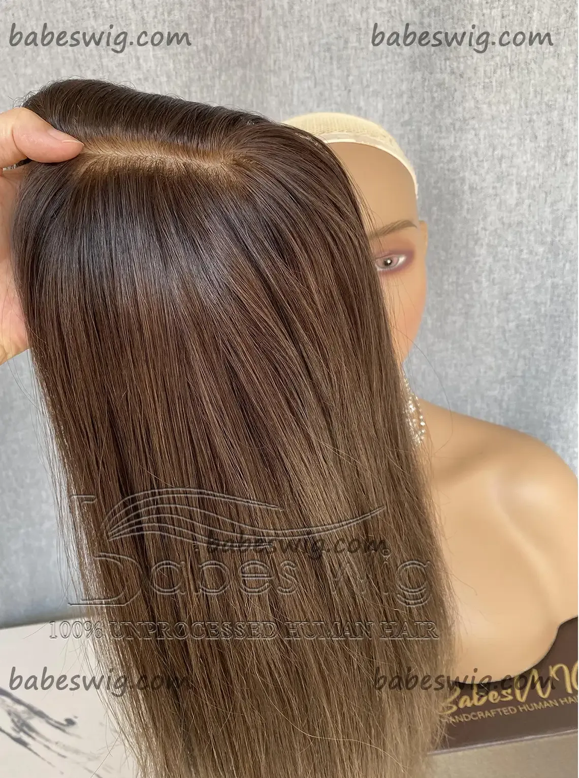 5x6 Straight Brown Human Hair Topper, Silk Base Virgin Hair Topper Human Hair Piece Cover Breathable Silk Top Toupee with Clips in-BabesWIG