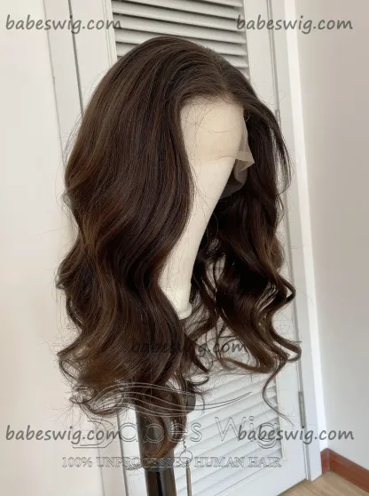 Glueless Ombre Dark Brown to Medium Brown Human Hair Silk Top Lace Front For White Women Wavy Hair Wigs-BabesWIG