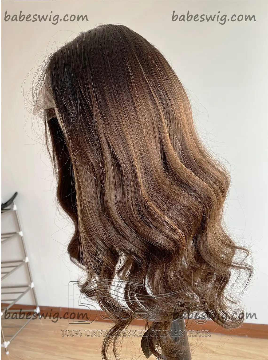 Glueless Long Wavy Brown base With Subtle Highlights 100% Human Hair Glueless Silk Top Lace Front Wigs for White Women-BabesWIG