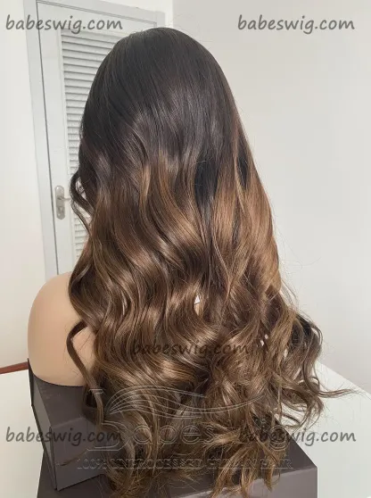 Glueless Long Soft Ombre Dark Brown to Light Brown Human Hair Lace Front Wigs Wavy Lace Front Human Hair Wig for Women-BabesWIG
