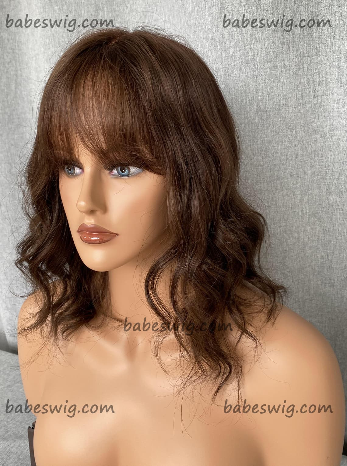 Brunette Brown Short Curly Bob Human Hair Lace Front Wigs With Bangs