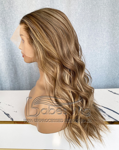 Long Brown Balayage Lace Front Human Hair Wig 13x6 | Virgin Hair Wave Wig with Natural Hairline