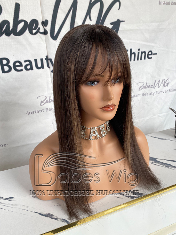 Balayage Glueless 11x6 Silk Top Lace Front Human Hair Wigs Striaght Hair Wig with Bangs for Women 