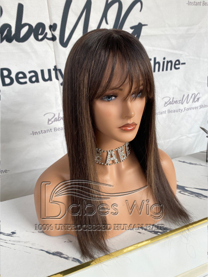 Balayage Glueless 11x6 Silk Top Lace Front Human Hair Wigs Striaght Hair Wig with Bangs for Women 
