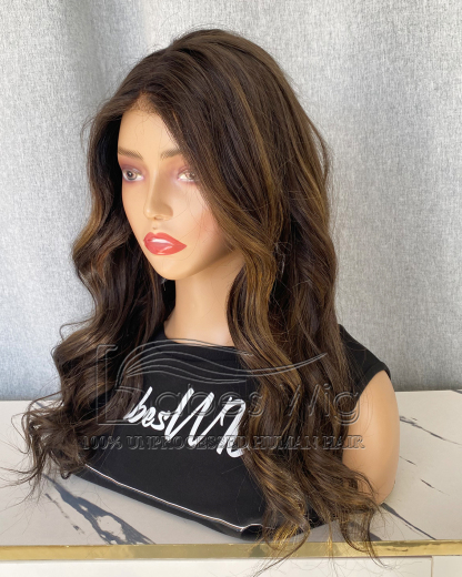 Soft Glueless 100% Real Human Hair  Balayage Wavy Wig silk top Lace Front Human Hair Wigs for White Women