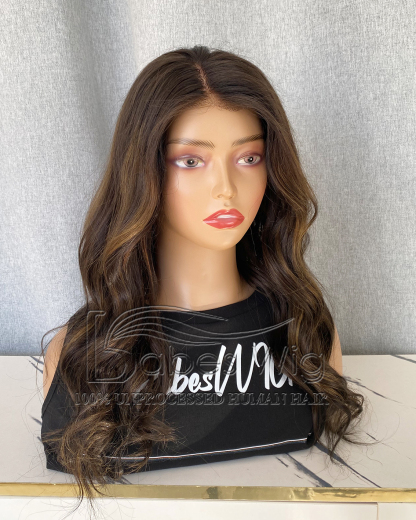 Soft Glueless 100% Real Human Hair  Balayage Wavy Wig silk top Lace Front Human Hair Wigs for White Women