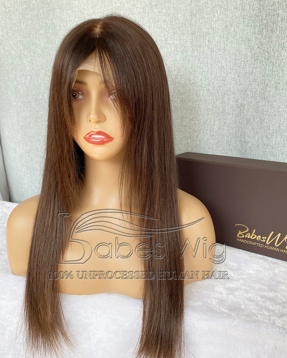 Full hand tied wig 100% Human Hair Brown Hair Color Silk Top / Full Lace Wig with Bangs for Women Free Shipping-BabesWIG
