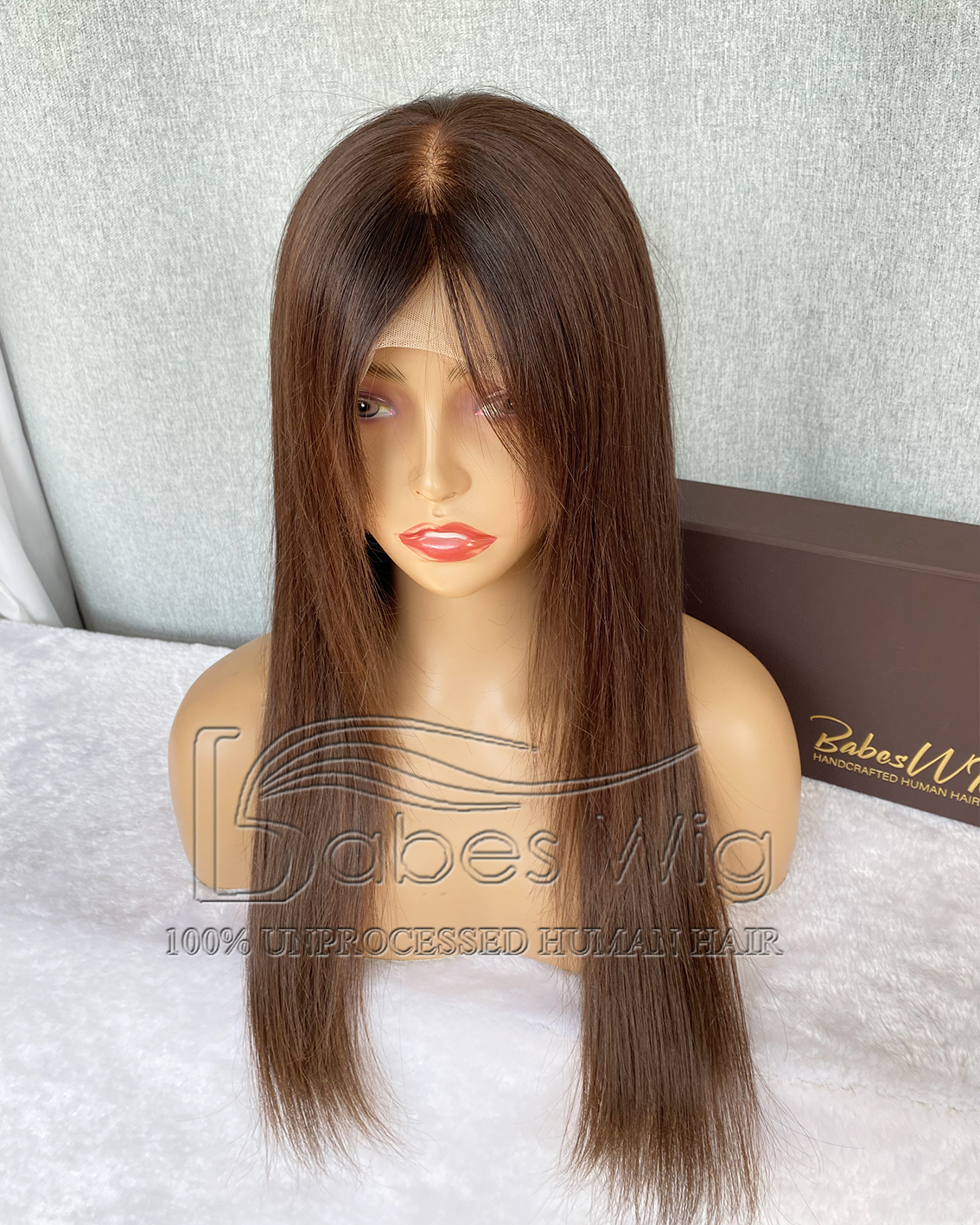 [Copy]Glueles Chemo Wigs 100% Human Hair Brown Hair Color Full Wig with Bangs Lace Top Wig for White Women Free Shipping