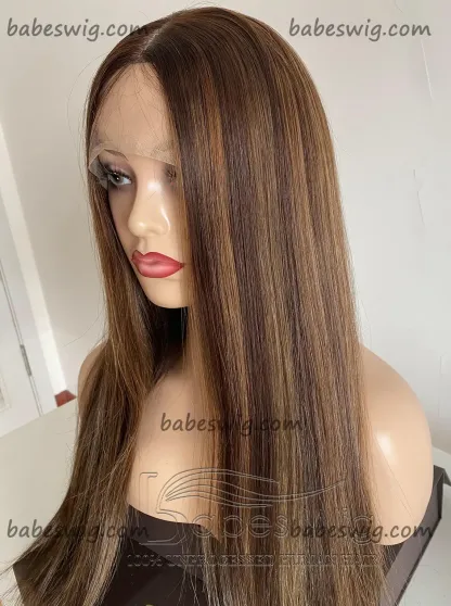 Glueless Long Soft Straight Medium Brown Base Color With Blonde Highlights Human Hair Silk Top Lace Front Wigs Wavy Silk Base Human Hair Wig for Women-BabesWIG
