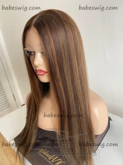 Glueless Long Soft Straight Medium Brown Base Color With Blonde Highlights Human Hair Silk Top Lace Front Wigs Wavy Silk Base Human Hair Wig for Women-BabesWIG