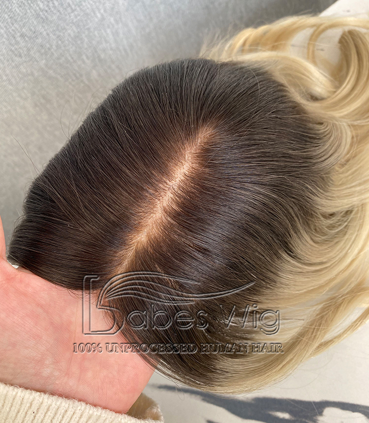  9*9 Cap Silk Top Human Hair Topper Ombre Dark Roots to Blonde Wavy hair Best Virgin Hair Ombre Color Silk Base Toppers -BabesWIG