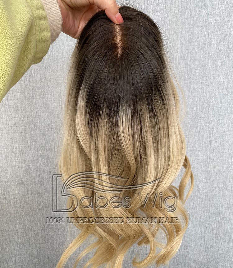  9*9 Cap Silk Top Human Hair Topper Ombre Dark Roots to Blonde Wavy hair Best Virgin Hair Ombre Color Silk Base Toppers -BabesWIG