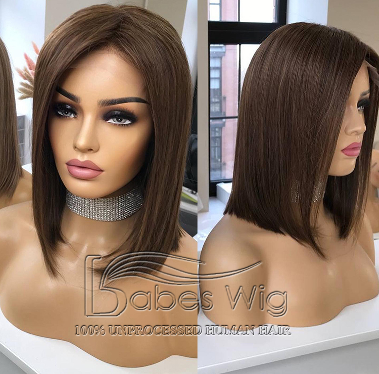 Light Brown Short Cut Straight Bob Human Hair Silk Top Lace Front Wigs for Women Silk Base Lace Wigs