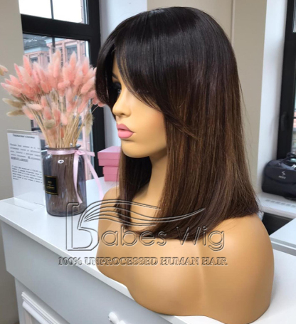  Ombre Straight Short Bob Wig 13*6 lace front Human Hair with & Silk Top Lace Front Wigs with bangs for Women -BabesWIG