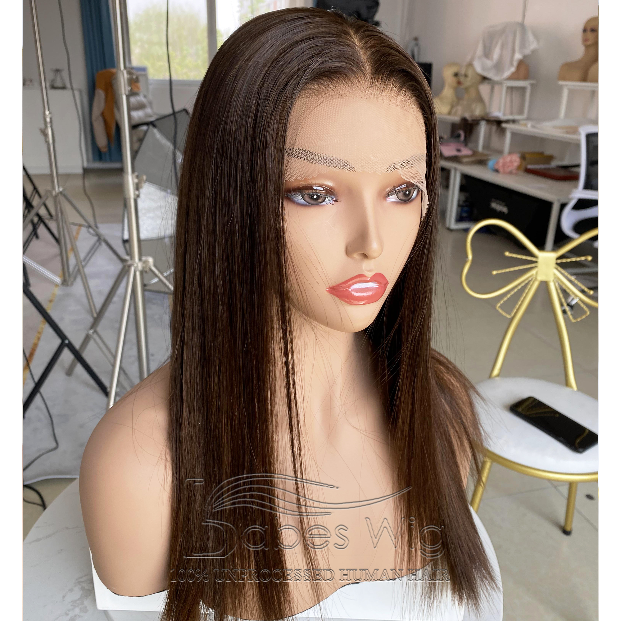 Straight Short Cut Bob Wig Brunette Brown Human Hair Glueless Lace Front Wig For Sale 