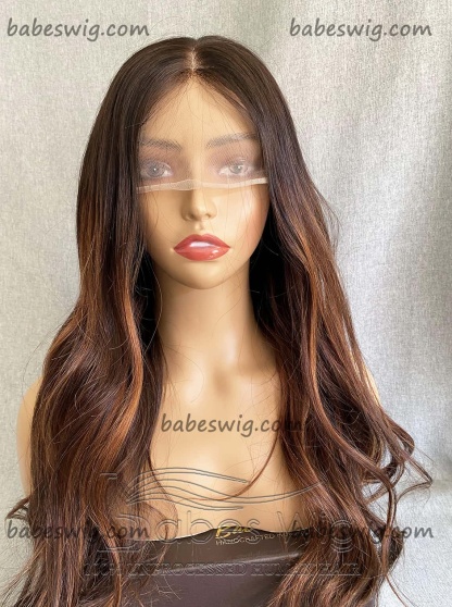  100% Real Human Hair 13x6 Lace Frontal Human Hair Wigs Copper Brown Balayage with Brown Base Wavy Lace front human Hair Wig-BabesWIG