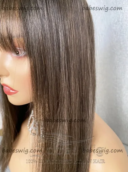 Glueless Lace Frontal Wig Natural Dark Brown Straight Best 100% Remy Human Hair Lace Front Wigs With Bangs -BabesWIG