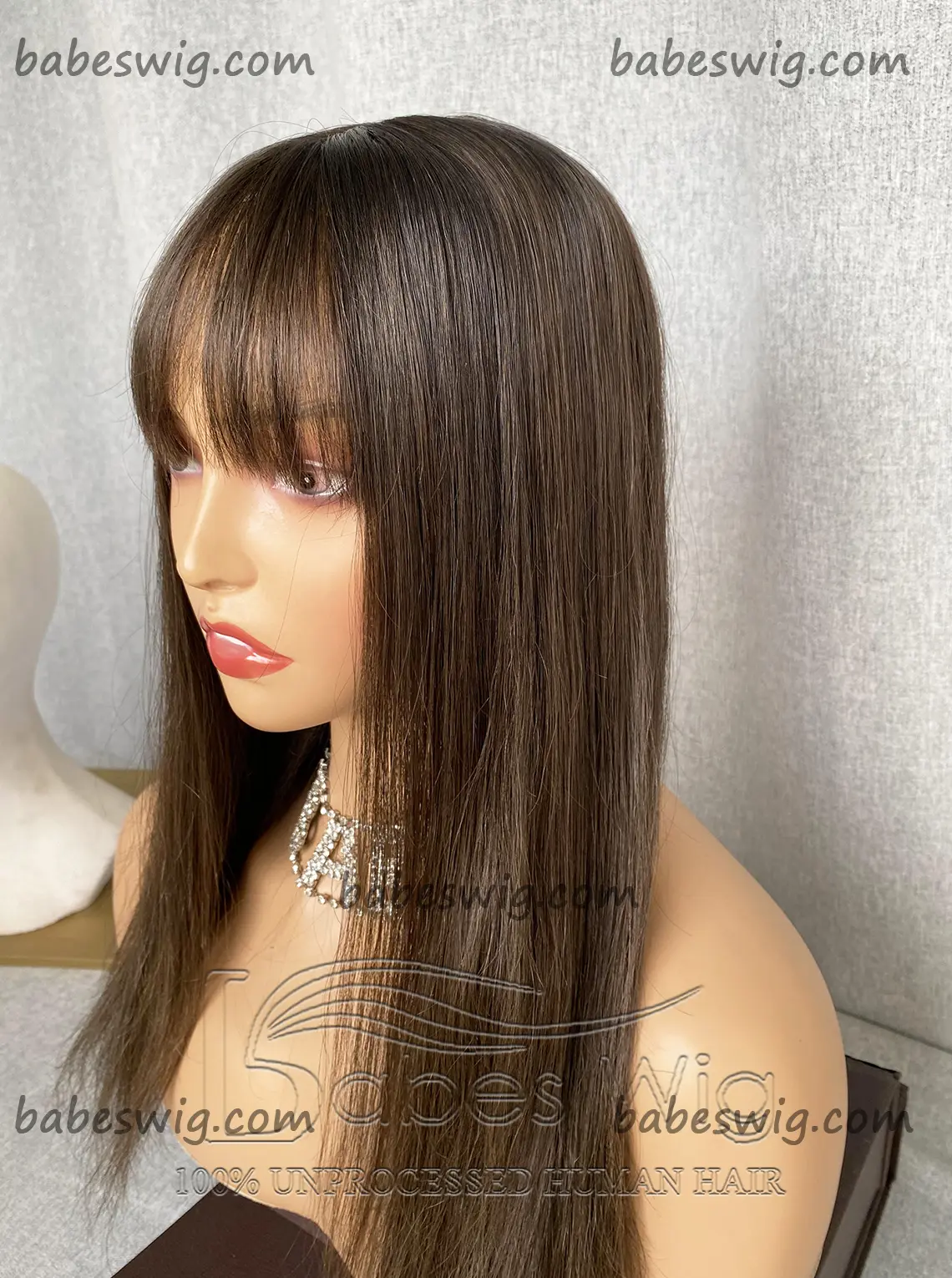 Glueless Lace Frontal Wig Natural Dark Brown Straight Best 100% Remy Human Hair Lace Front Wigs With Bangs -BabesWIG
