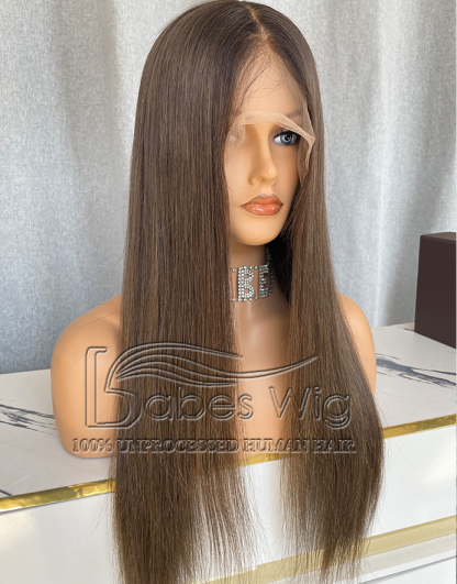   Silk Top Medical Wig Full hand tied glueless Silk Top Human Hair Wig Ash Brown Straight Hair Wig-BabesWIG