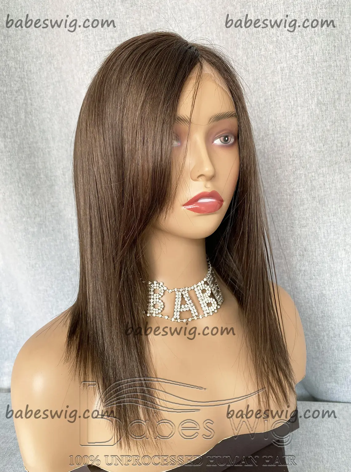 100% Human Hair Lace Front Wigs with Fringe Light Ash Brown Straight Short cut Bob Lace Front Human Hair Wigs With Side Bangs -BabesWIG