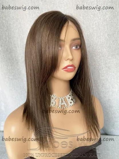 100% Human Hair Lace Front Wigs with Fringe Light Ash Brown Straight Short cut Bob Lace Front Human Hair Wigs With Side Bangs -BabesWIG