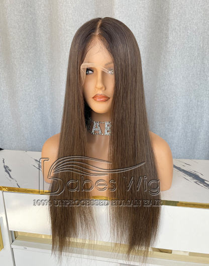   Silk Top Medical Wig Full hand tied glueless Silk Top Human Hair Wig Ash Brown Straight Hair Wig-BabesWIG