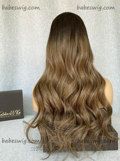 Glueless Best 100% Remy Human Hair Lace Front Wig Ombre Dark Roots to Brown Wavy Lace Frontal Human Hair Wigs 