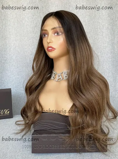 Glueless Best 100% Remy Human Hair Lace Front Wig Ombre Dark Roots to Brown Wavy Lace Frontal Human Hair Wigs 