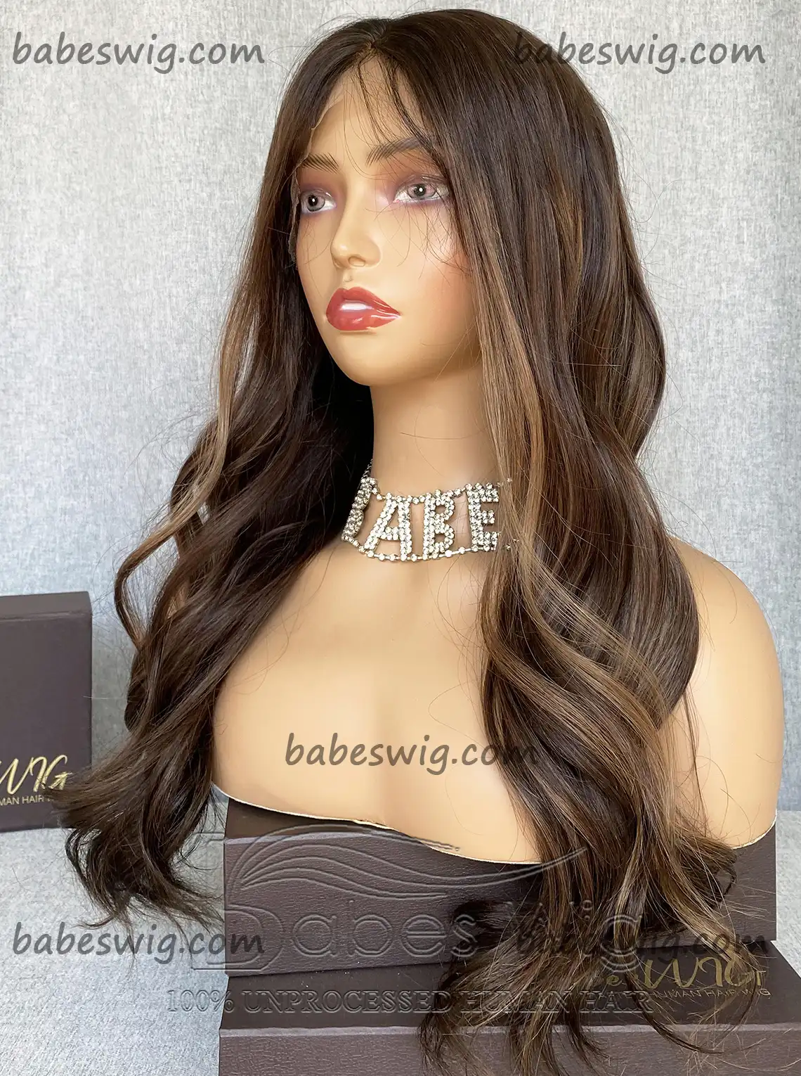 Silk Top Lace Front Wigs Best 100% Human Hair balayage chocolate brown with cameral highlights Silk Base Wigs online store-BabesWIG