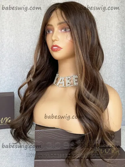 Silk Top Lace Front Wigs Best 100% Human Hair balayage chocolate brown with cameral highlights Silk Base Wigs online store-BabesWIG