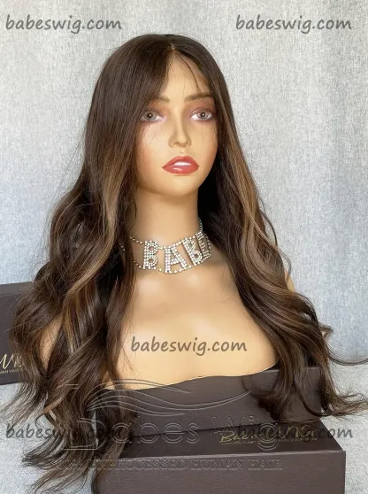 Silk Top Lace Front Wigs Best 100% Human Hair balayage chocolate brown with cameral highlights Silk Base Wigs online store-BabesWIG
