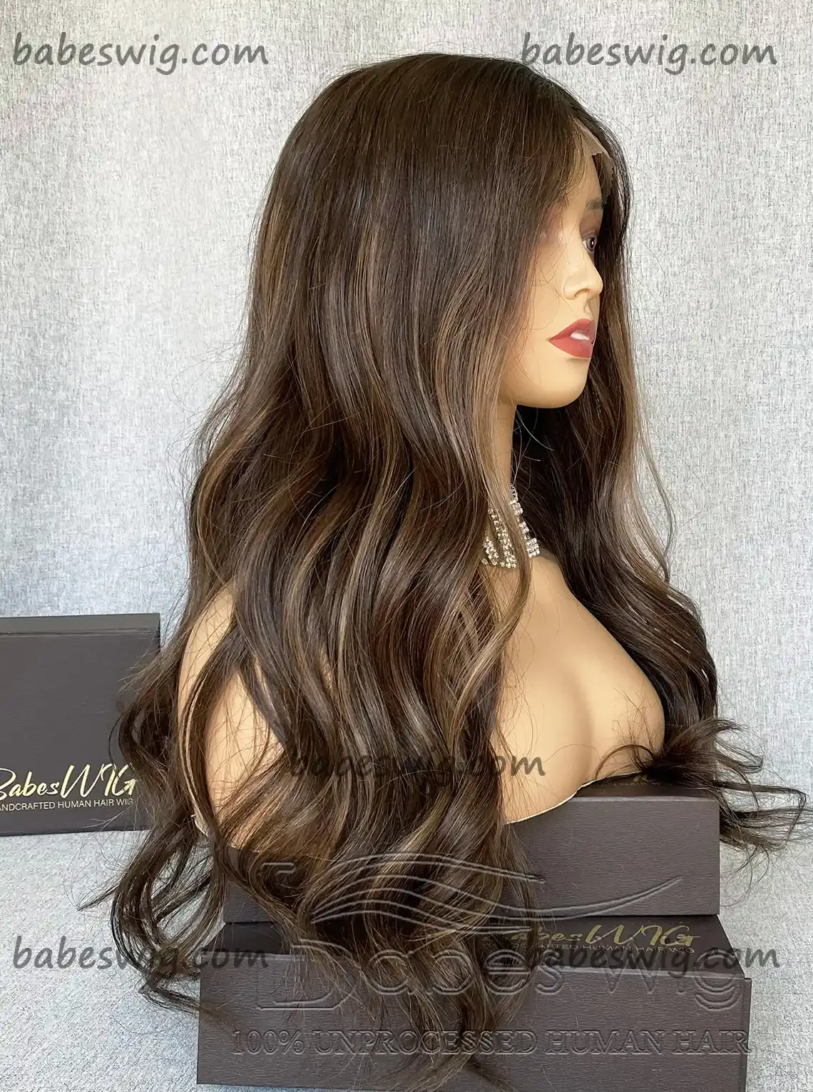 Silk Top Lace Front Wigs Best 100% Human Hair balayage chocolate brown with cameral highlights Silk Base Wigs online store-BabesWIG