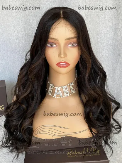 Best Long Wavy 100% Remy Human Hair Silk Top Full Lace Wigs Natural Base With Brown Highlights Human Hair Wig-BabesWIG