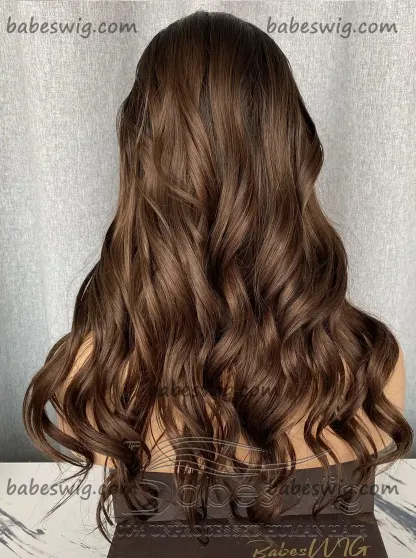 Silk Top Lace Front Human hair Wig Ombre Dark Brown Roots to medium Brown Wavy Silk Base Human Hair Lace Wigs for Women-BabesWIG
