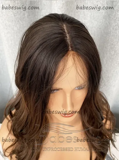Silk Top Lace Front Human hair Wig Ombre Dark Brown Roots to medium Brown Wavy Silk Base Human Hair Lace Wigs for Women-BabesWIG