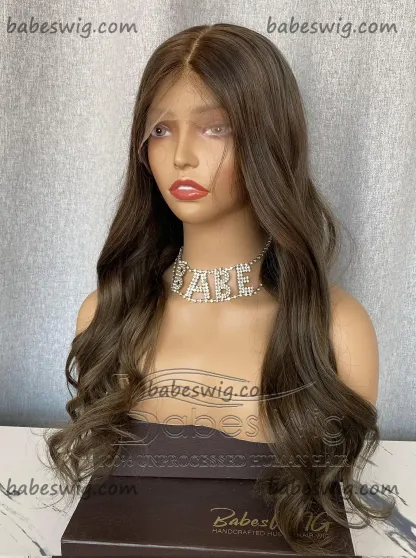 Soft Long Ash Brown Wavy Human Hair Glueless Full Lace Wig & Silk Top Full Lace Wigs Online Store-BabesWIG