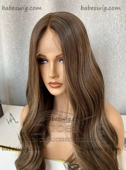 Long Soft Natural Wavy 13*6 Glueless Lace Front Human Hair Wigs Medium Brown with Highlights Human Hair Lace Top Wig-BabesWIG