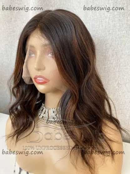 Gluelsss 100% Remy Human Hair Lace Front Wigs Highlights Short Wavy Silk Top Human Hair Lace Front Wigs -BabesWIG
